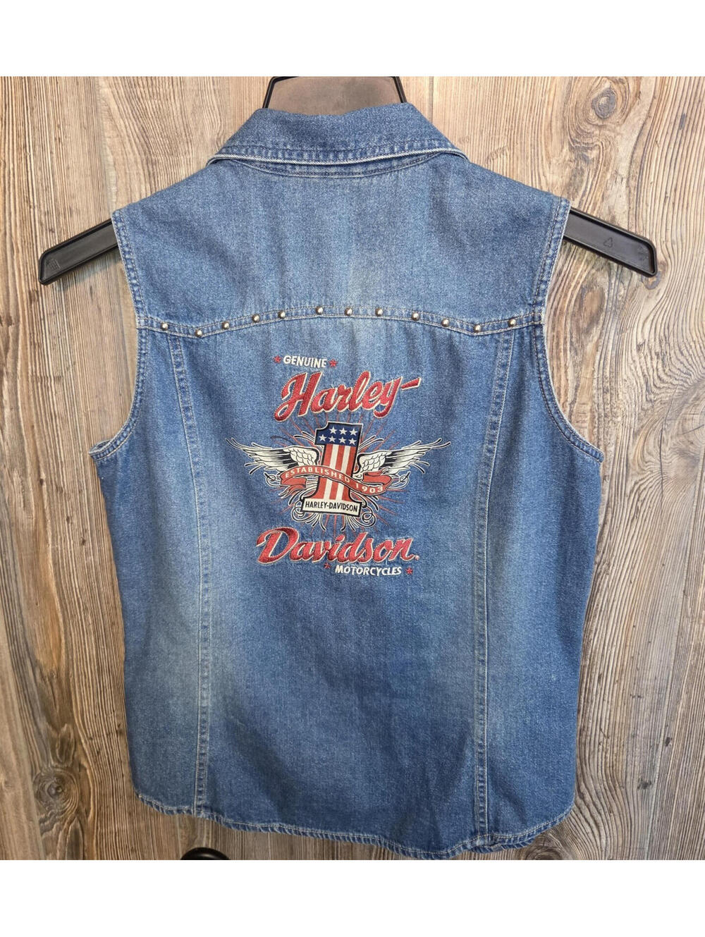 Harley Davidson Motorcycle Sleeveless Snap Denim Embroidered Shirt Women Sz Med